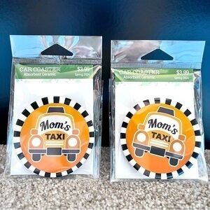 NWT set of two absorbent ceramic car cup holder coasters “Mom’s Taxi”